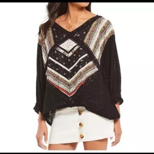 Free People Prairie Days BLACK Boho Tee NWT SIZE XS